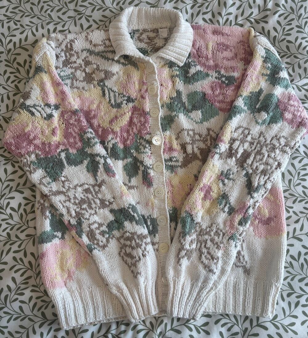 Vtg Perry Ellis Portfolio Handknit floral 100% Cotton Sz Large Floral Sweater